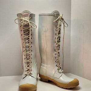 RARE Hunter Watling Tall Lace-Up Rain Boots White/Ecru Women’s 7 EU 38